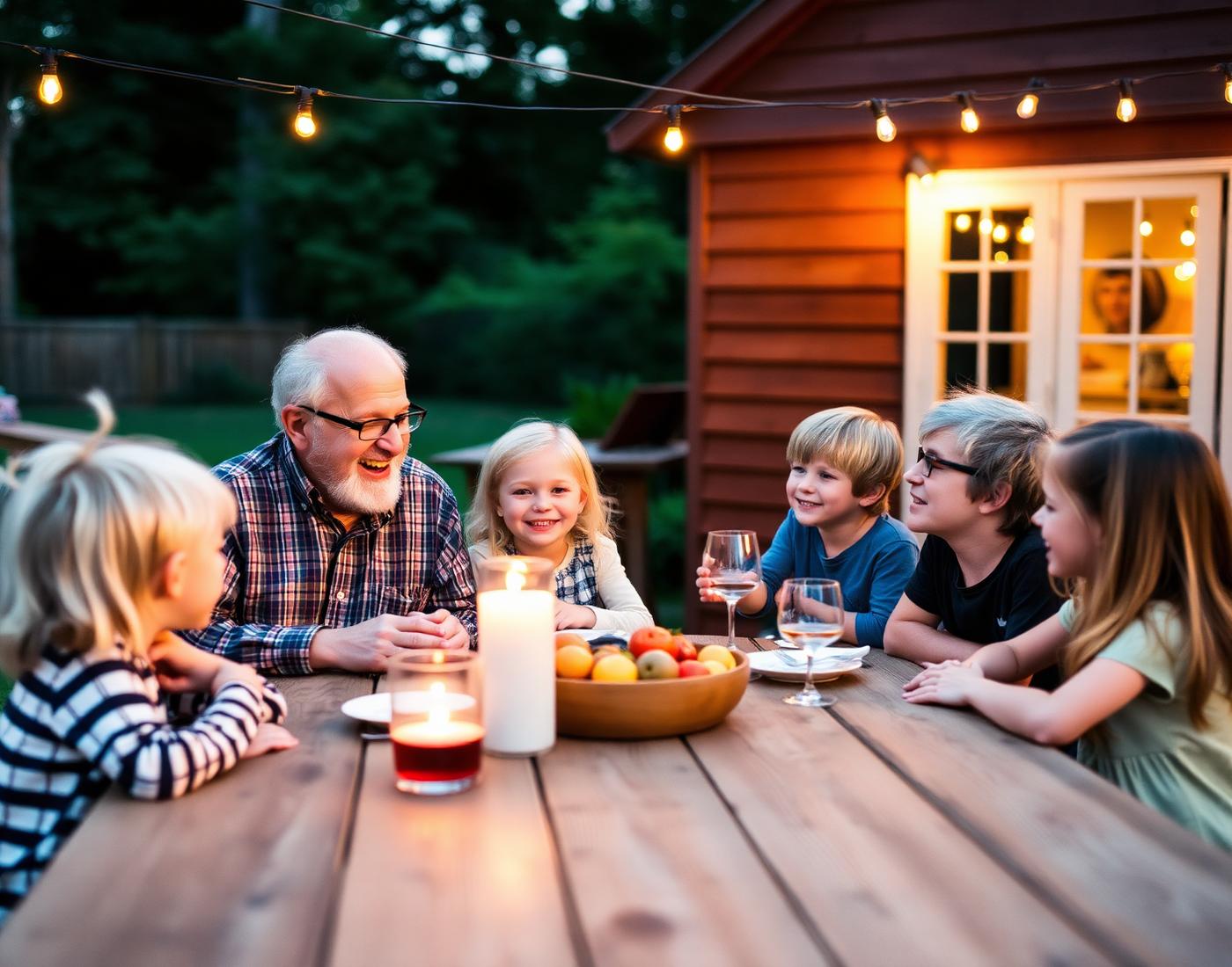Family gathered around a table at dusk under string lights